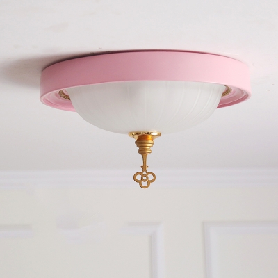 Frosted Glass Bowl Ceiling Light with Key Girls Bedroom Corridor Flush Light in Pink/White