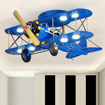 Aircraft Flush Light Boys Room Plastic 8 Lights Ceiling Flush Mount in Blue/Yellow/Red