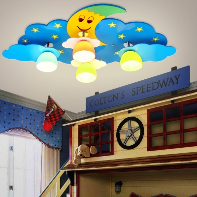 4 Lights Moon Design LED Flush Mount Baby Kids Room Lighting Fixture in Blue/Pink with Glass Shade