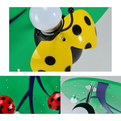 Green Leaf Flushmount with Ladybug Metal 8 Lights Eye Protection LED Flush Ceiling Light for Kids