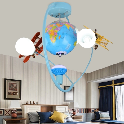 3/6 Light Airplane Semi Flushmount Boys Bedroom Glass Shade LED Lighting Fixture in Blue