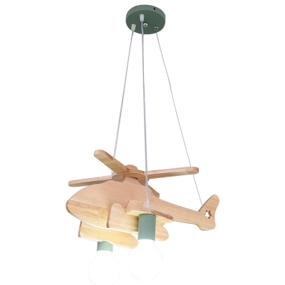 2 Lights Helicopter Lighting Fixture Kindergarten Wooden Decorative Chandelier Lamp in Green/Gray/White