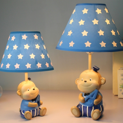 Fabric Starry Shade Reading Light with Cute Monkey Decoration Baby Kids Room 1 Bulb Table Lamp in White