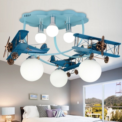 Retro Style Biplane Suspended Lamp Boys Room Glass Shade 6 Lights Flush Light in Blue/Silver/White