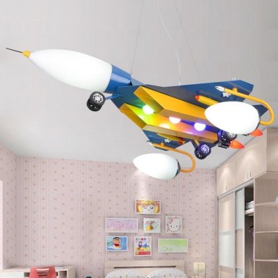 Metallic Chandelier Lamp with Aircraft Shape Blue 3 Bulbs Decorative Hanging Light for Boys Bedroom