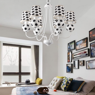 Fabric Shade Football Chandelier Light Kindergarten 6 Lights Accent Hanging Lamp in White Finish