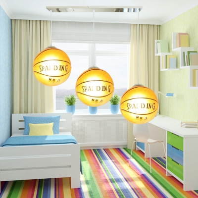 Football/Basketball 3 Lights Hanging Lamp Boys Bedroom Chrome Finish Glass Shade Lighting Fixture