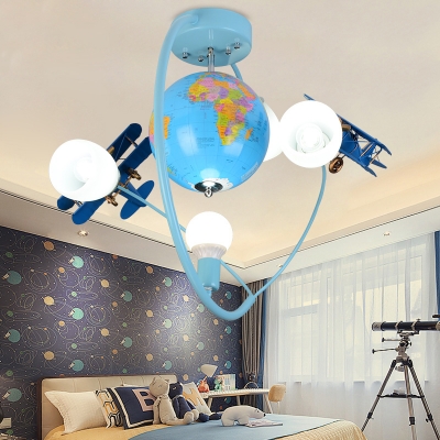 3/6 Light Airplane Semi Flushmount Boys Bedroom Glass Shade LED Lighting Fixture in Blue