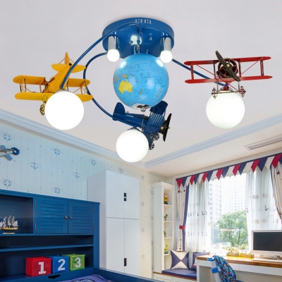 3/6 Light Airplane Semi Flushmount Boys Bedroom Glass Shade LED Lighting Fixture in Blue