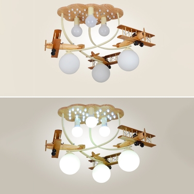 Retro Style Biplane Suspended Lamp Boys Room Glass Shade 6 Lights Flush Light in Blue/Silver/White