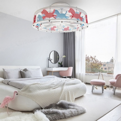 Carousel/Ferris Wheel Ceiling Lamp Modern Girls Room Wooden 6 Lights Semi Flush Mount in White