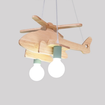 2 Lights Helicopter Lighting Fixture Kindergarten Wooden Decorative Chandelier Lamp in Green/Gray/White