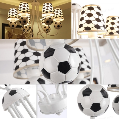 Fabric Shade Football Chandelier Light Kindergarten 6 Lights Accent Hanging Lamp in White Finish