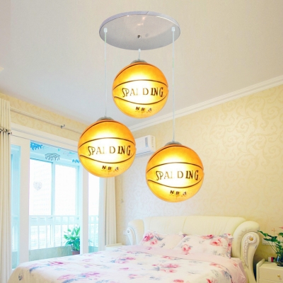 Football/Basketball 3 Lights Hanging Lamp Boys Bedroom Chrome Finish Glass Shade Lighting Fixture