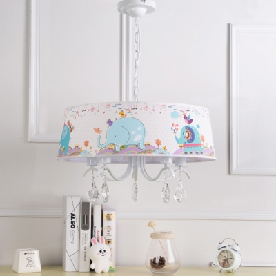 Fabric Drum Shade Suspension Light with Crystal Decoration Animals&Insects Kids 3/5 Lights Chandelier in White