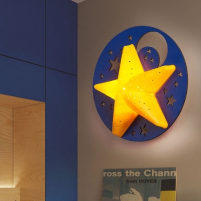 Wooden Star&Moon Wall Lamp Kids Nursing Room Single Light LED Wall Light Sconce in Yellow