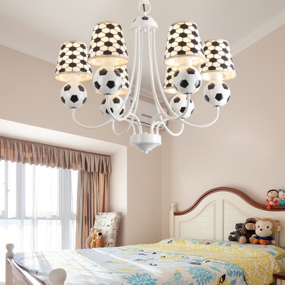 Fabric Shade Football Chandelier Light Kindergarten 6 Lights Accent Hanging Lamp in White Finish