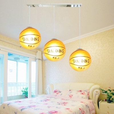 Football/Basketball 3 Lights Hanging Lamp Boys Bedroom Chrome Finish Glass Shade Lighting Fixture