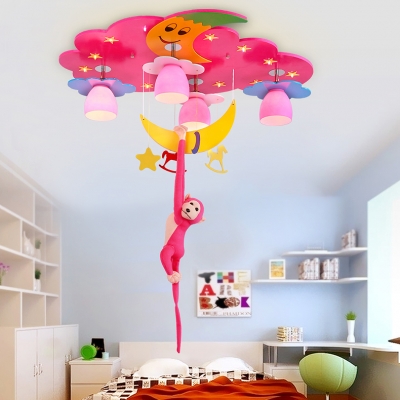 Cute 4 Lights Monkey Flush Light Nursing Room Decorative Wooden LED Ceiling Lamp in Blue/Pink