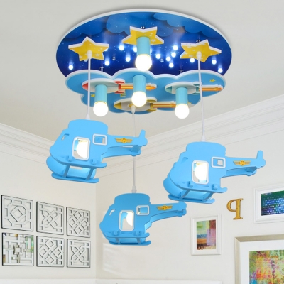 Remote Control Aircraft Suspended Lamp Boys Room Wood 7 Lights LED Flush Mount with Star