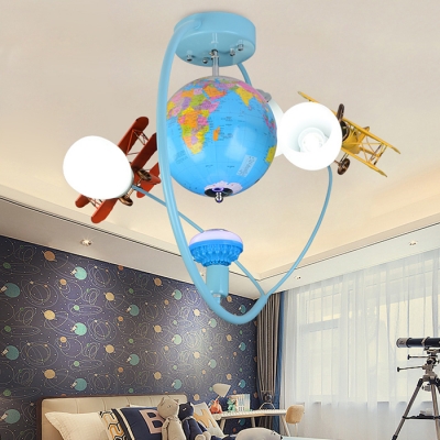 3/6 Light Airplane Semi Flushmount Boys Bedroom Glass Shade LED Lighting Fixture in Blue