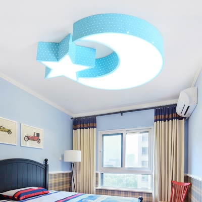 Creative Stars Moon Ceiling Lamp Modern Nursing Room Acrylic LED Ceiling Flush Mount in Blue/Pink/White