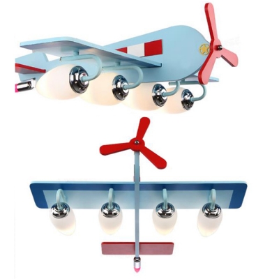 Sky Blue Plane Shape Suspended Lamp Wooden 3/4 Lights Chandelier Light for Amusement Park