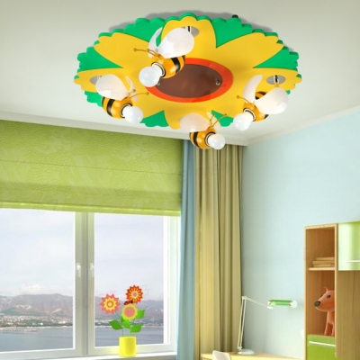 4 Lights Bee LED Ceiling Fixture Nursing Room Kindergarten Glass Ceiling Light in Yellow