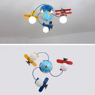 3/6 Light Airplane Semi Flushmount Boys Bedroom Glass Shade LED Lighting Fixture in Blue