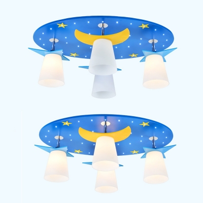 Stars Moon LED Flush Light Kids Bedroom 4 Light Ceiling Lamp with White Glass Cone Shade