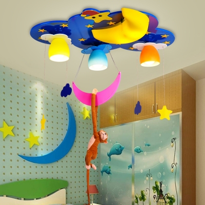 Cute 4 Lights Monkey Flush Light Nursing Room Decorative Wooden LED Ceiling Lamp in Blue/Pink