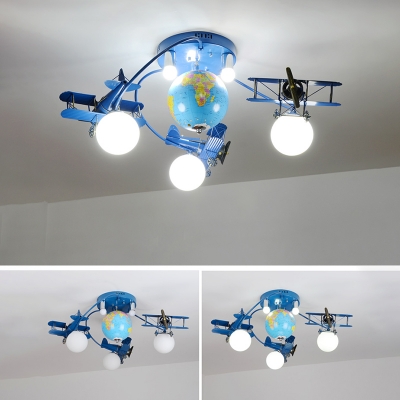 3/6 Light Airplane Semi Flushmount Boys Bedroom Glass Shade LED Lighting Fixture in Blue