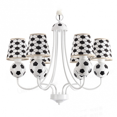 Fabric Shade Football Chandelier Light Kindergarten 6 Lights Accent Hanging Lamp in White Finish