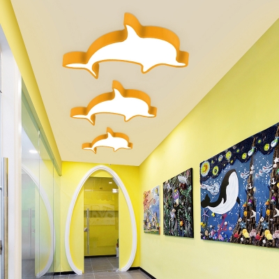 Eye Protection Acrylic Flushmount with Dolphin LED Ceiling Light for Children Room in Blue/Green/Yellow/Red