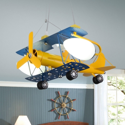 Yellow Biplane Chandelier Lamp Glass Shade 2/4 Lights Suspended Light for Boys Room Kindergarten