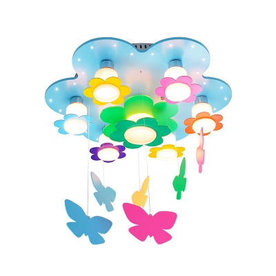 Adorable Wooden Flower Flush Light with Hanging Butterfly Girls Room 7 Lights Ceiling Lamp in Blue