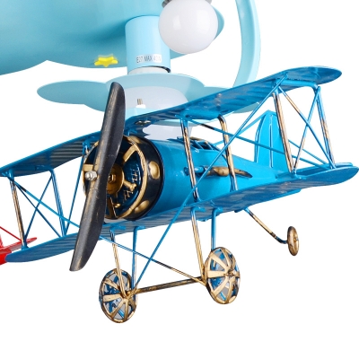 Retro Style Biplane Suspended Lamp Boys Room Glass Shade 6 Lights Flush Light in Blue/Silver/White