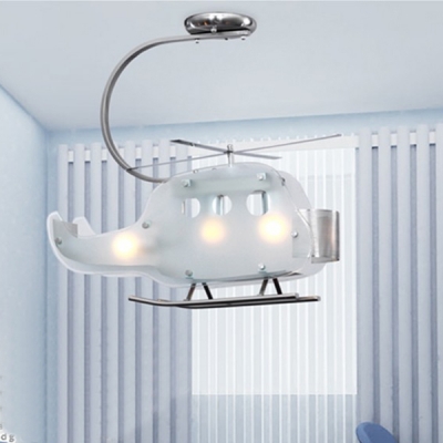 Adorable Helicopter Chandelier Light Boys Room Amusement Park Glass 3 Lights Hanging Lamp in Silver