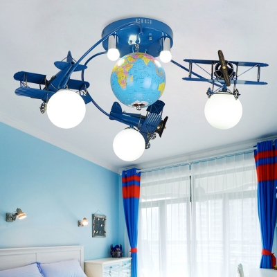 3/6 Light Airplane Semi Flushmount Boys Bedroom Glass Shade LED Lighting Fixture in Blue