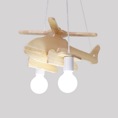 2 Lights Helicopter Lighting Fixture Kindergarten Wooden Decorative Chandelier Lamp in Green/Gray/White