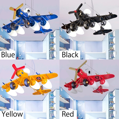 5 Lights Prop Plane Hanging Lamp Children Bedroom Metallic Suspended Lamp in Blue/Black/Yellow/Red