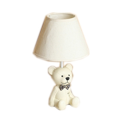 1 Light Coolie Table Lamp with Bear Decoration Boys Girls Bedroom White Fabric Shade Table Light