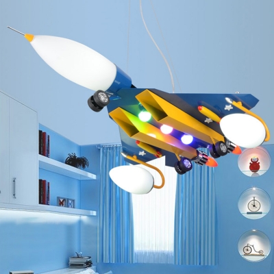 Metallic Chandelier Lamp with Aircraft Shape Blue 3 Bulbs Decorative Hanging Light for Boys Bedroom