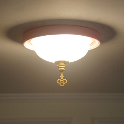 Frosted Glass Bowl Ceiling Light with Key Girls Bedroom Corridor Flush Light in Pink/White