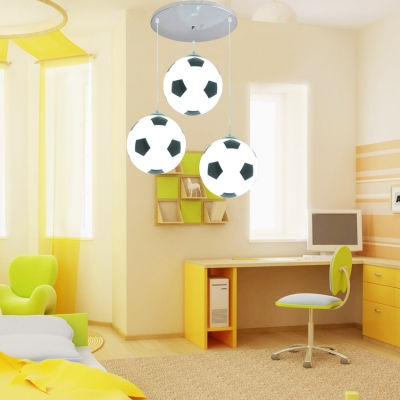 Football/Basketball 3 Lights Hanging Lamp Boys Bedroom Chrome Finish Glass Shade Lighting Fixture