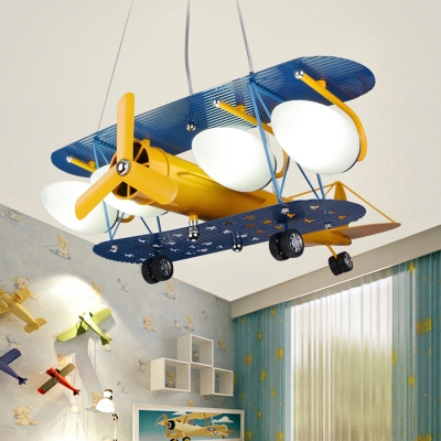 Yellow Biplane Chandelier Lamp Glass Shade 2/4 Lights Suspended Light for Boys Room Kindergarten