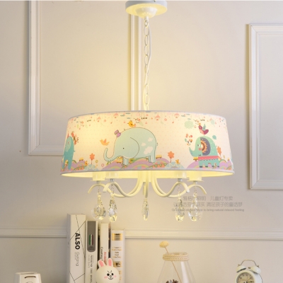 Fabric Drum Shade Suspension Light with Crystal Decoration Animals&Insects Kids 3/5 Lights Chandelier in White