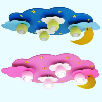 4 Lights Moon Design LED Flush Mount Baby Kids Room Lighting Fixture in Blue/Pink with Glass Shade