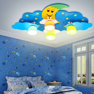 4 Lights Moon Design LED Flush Mount Baby Kids Room Lighting Fixture in Blue/Pink with Glass Shade