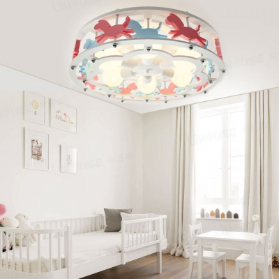 Carousel/Ferris Wheel Ceiling Lamp Modern Girls Room Wooden 6 Lights Semi Flush Mount in White